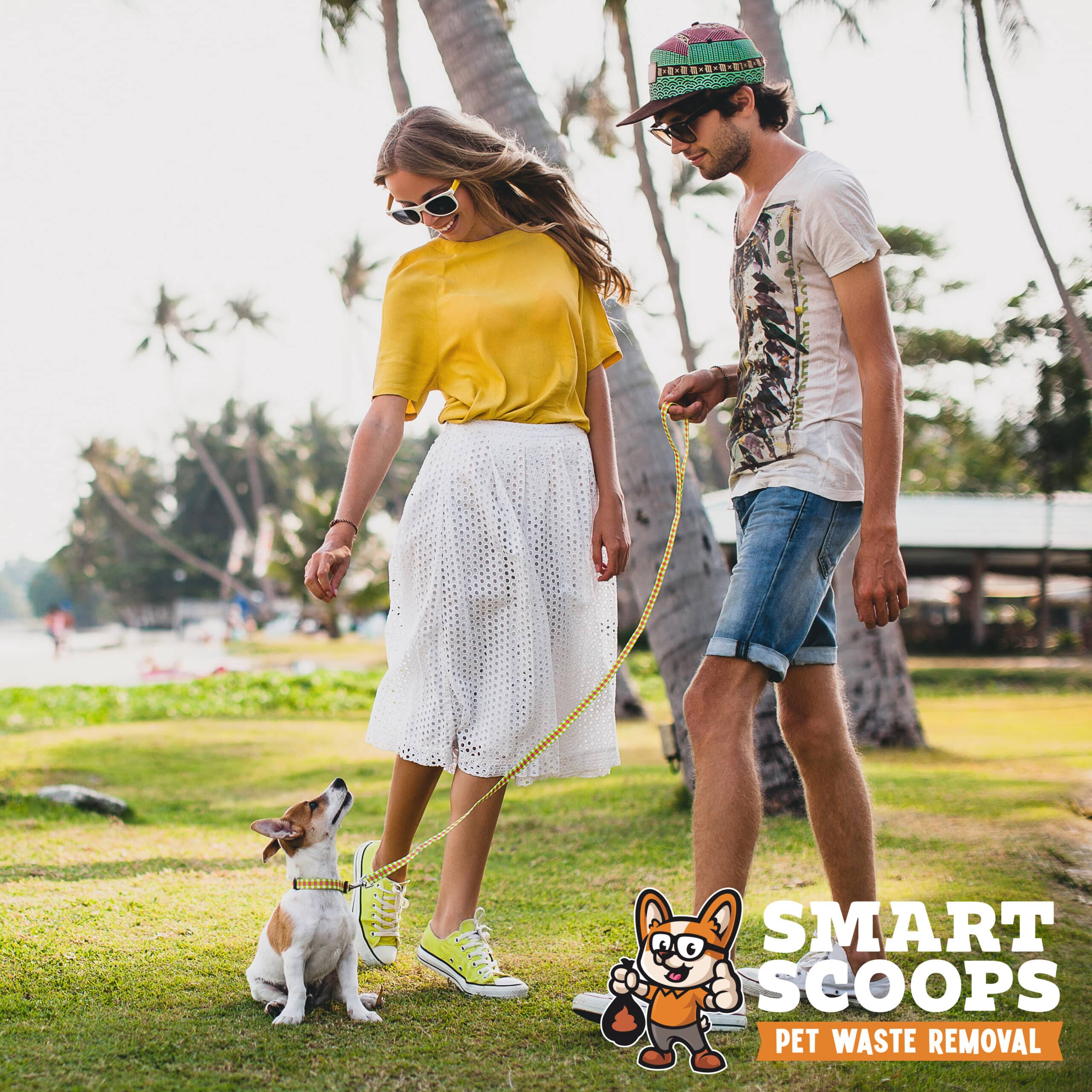 young stylish hipster couple in love holding a dog at the tropical park